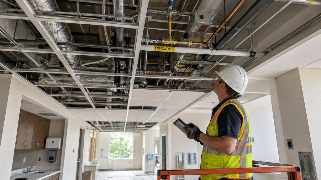 Construction professional inspecting open ceiling systems inside a healthcare facility, with visible ductwork, conduit, piping, ceiling grid, and labeled medical gas lines before ceiling closure.