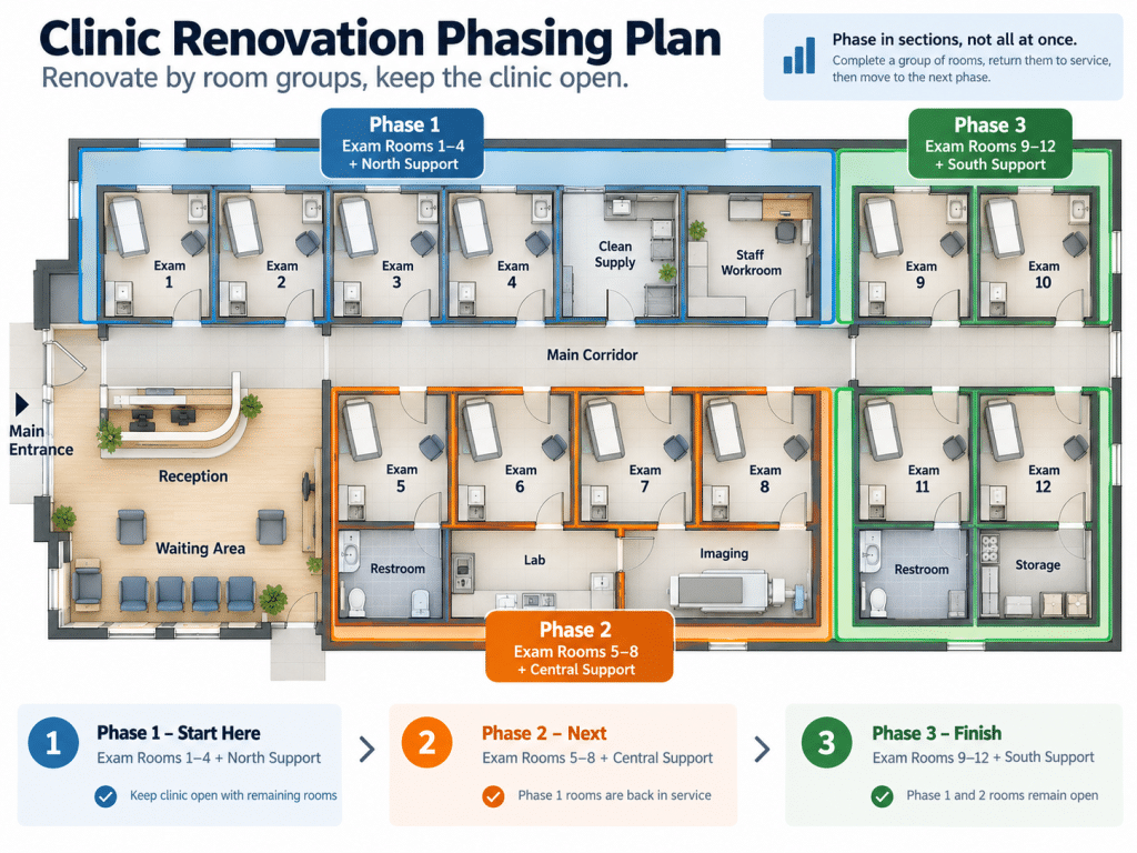 To renovate a medical office without closing, your contractor should have a plan for phased work